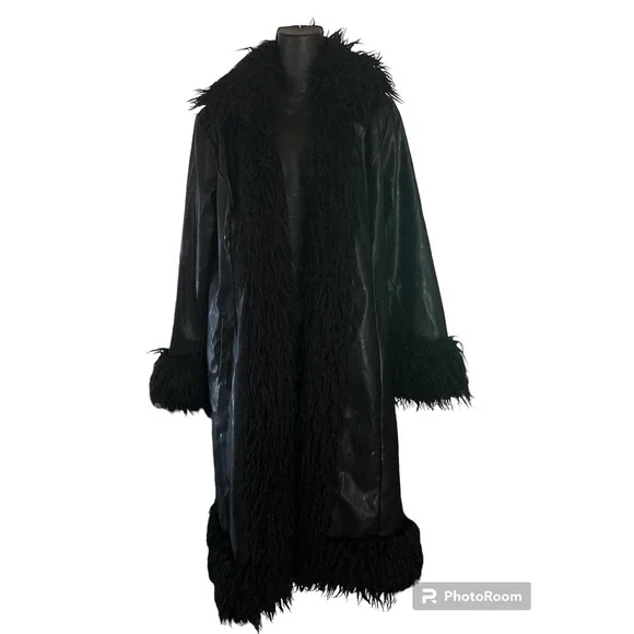 Vintage Y2K Formula X Penny lane all black coat size M faux leather fur Goth - Picture 3 of 13